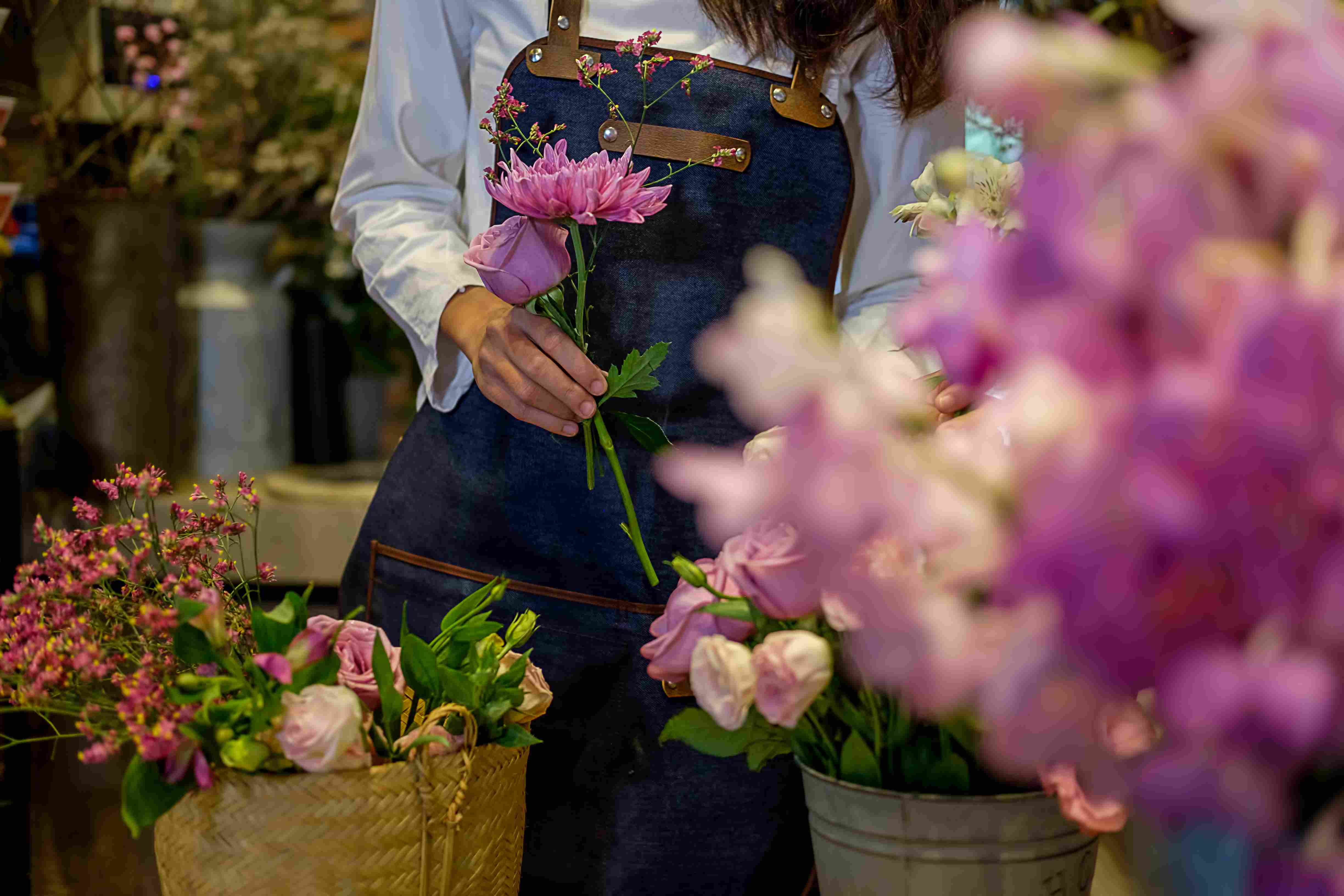 Elegant floral setup near a cream wall